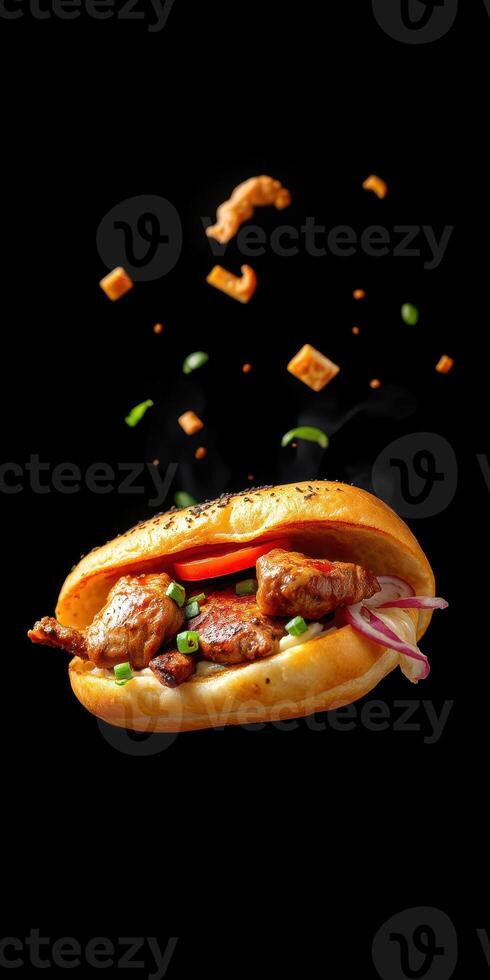 Savory meat sandwich with fresh vegetables and crunchy toppings captured in a dark setting photo