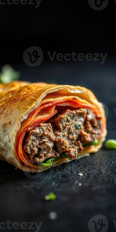 Delicious wrap filled with seasoned meat, fresh vegetables, and herbs served on a dark surface photo