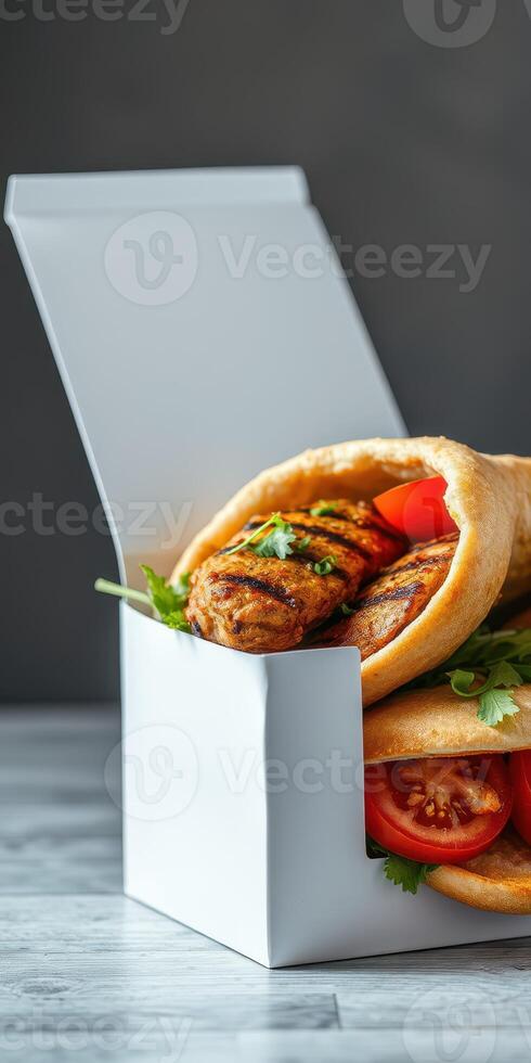 Grilled chicken pita with fresh tomatoes and herbs served in a white takeout box for a delicious meal photo