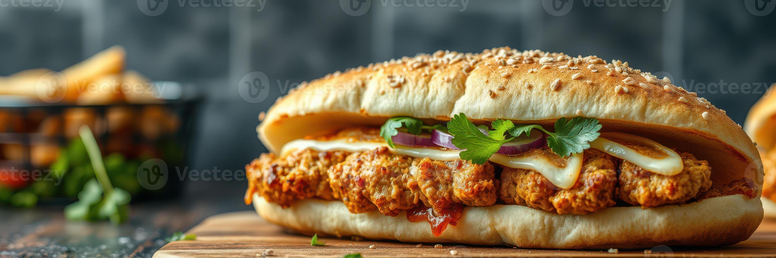 Crispy chicken sandwich served with fresh toppings and crispy fries on a wooden board photo
