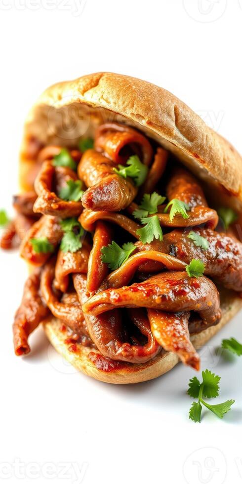 Savory sandwich filled with spicy meat and garnished with fresh herbs photo