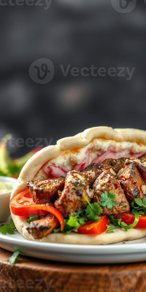 Grilled meat wrap with fresh vegetables and herbs served on a wooden platter in a cozy setting photo