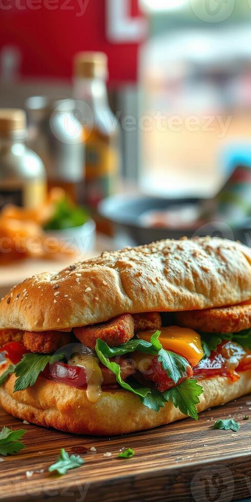 Delicious sandwich loaded with fresh vegetables and crispy filling on a wooden table in a cozy cafe setting photo