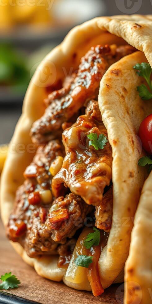 Savory grilled meat wrapped in warm flatbread served with fresh cilantro and tomatoes photo