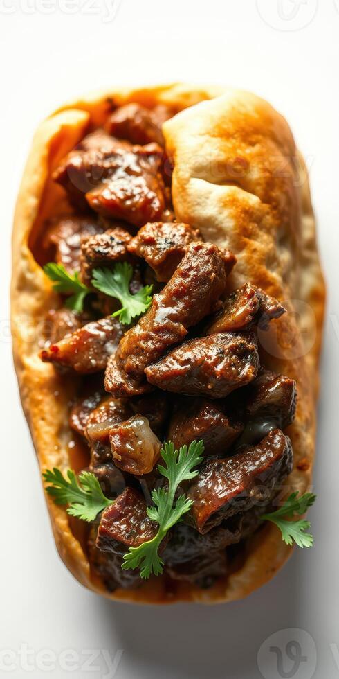 Delicious sandwich filled with savory beef and fresh cilantro on a white background photo