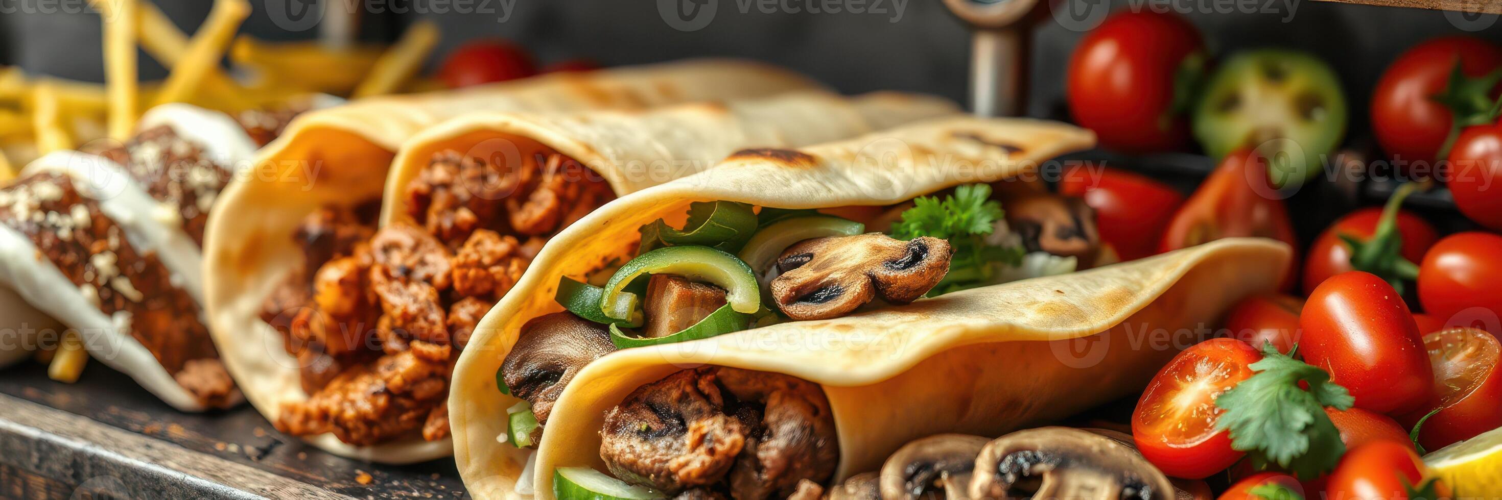 Vibrant display of freshly prepared wraps and colorful vegetables in a lively restaurant setting photo