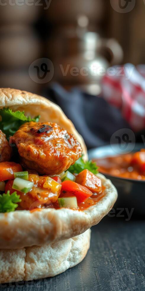 Flavorful stuffed bread with savory meatballs and fresh vegetables served on a rustic table photo
