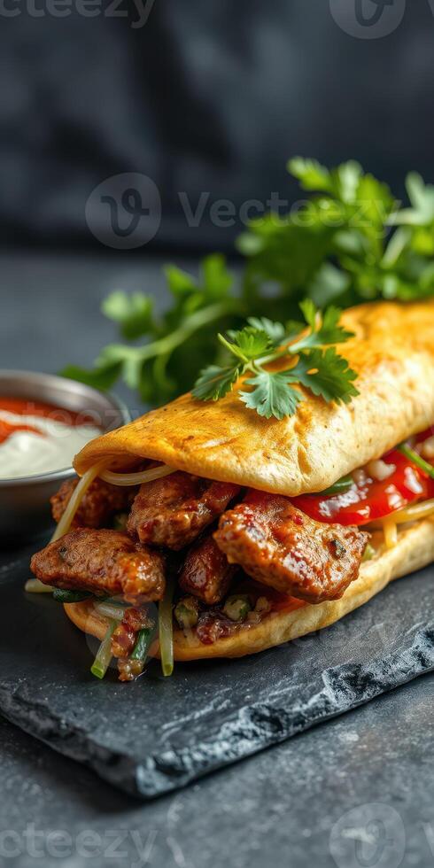 Delicious wrap filled with seasoned meat, vegetables, and sauces served on a dark slate background photo