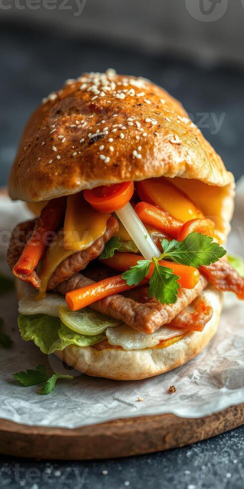 Delicious pork sandwich with colorful vegetables and herbs prepared on a wooden plate in vibrant lighting photo