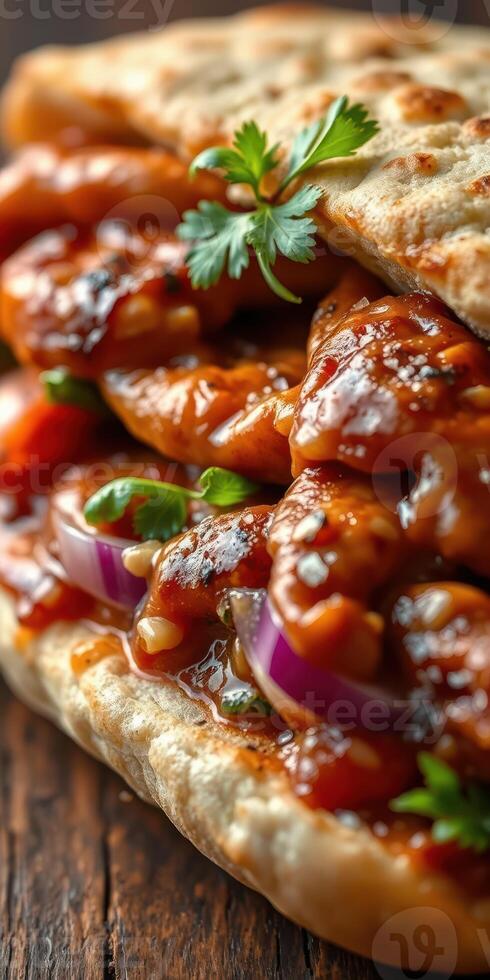 Delicious flatbread sandwich filled with spicy grilled chicken and fresh vegetables served on a rustic wooden table photo