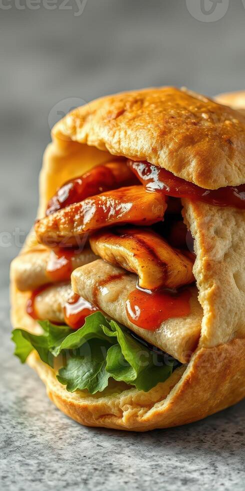 Delicious chicken wrap with fresh greens and savory sauce garnished photo