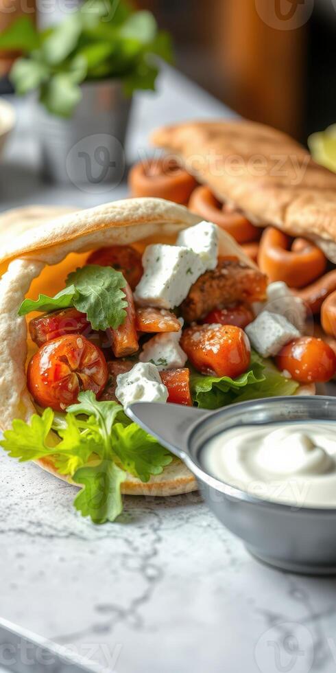 Fresh pita filled with grilled chicken, lettuce, tomatoes, and herb sauce on a table photo