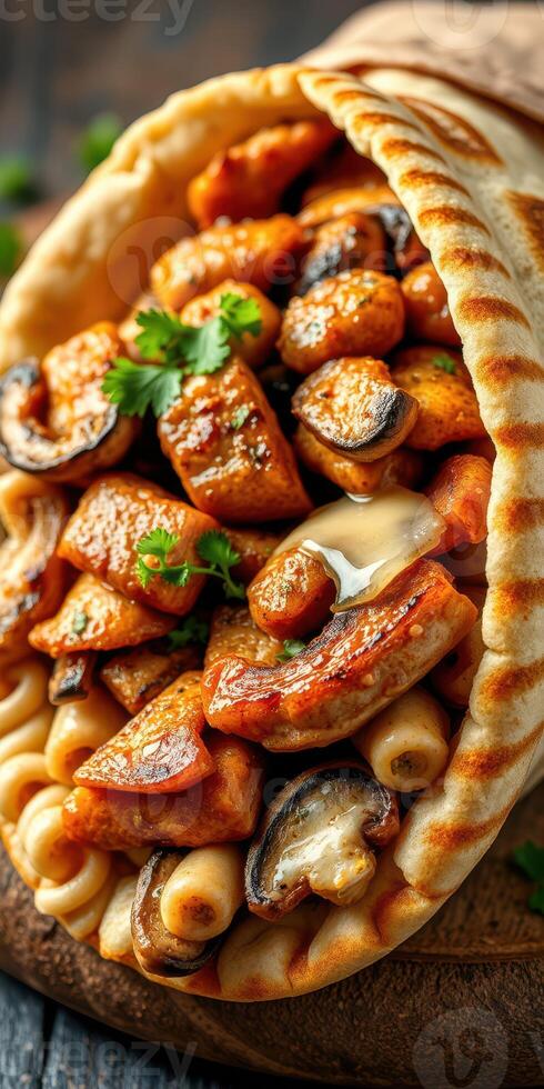 Tender chicken and mushrooms served in warm pita bread with fresh herbs for a delicious meal photo