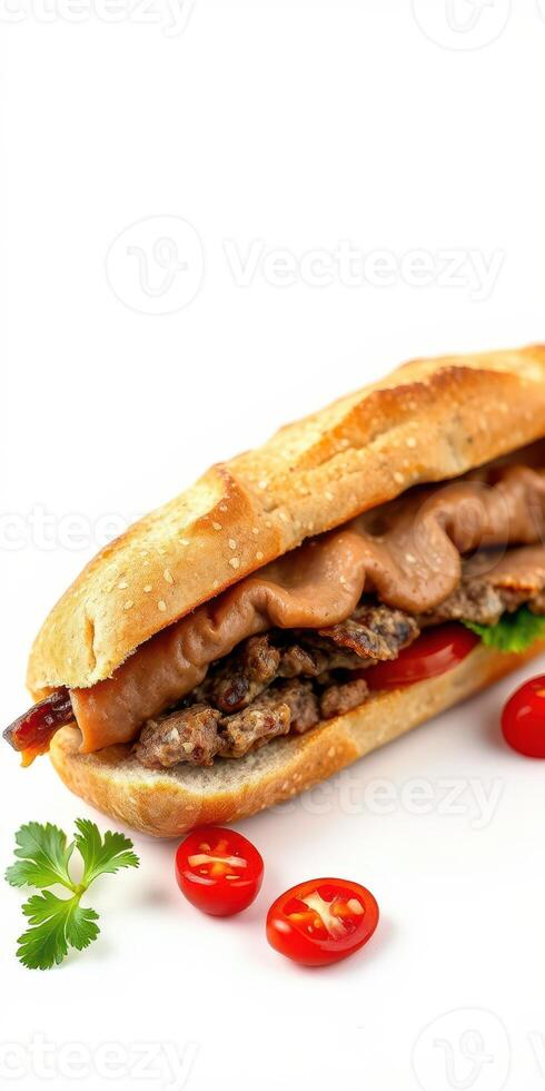 Delicious sandwich with savory filling, fresh ingredients, and vibrant colors on a clean background photo