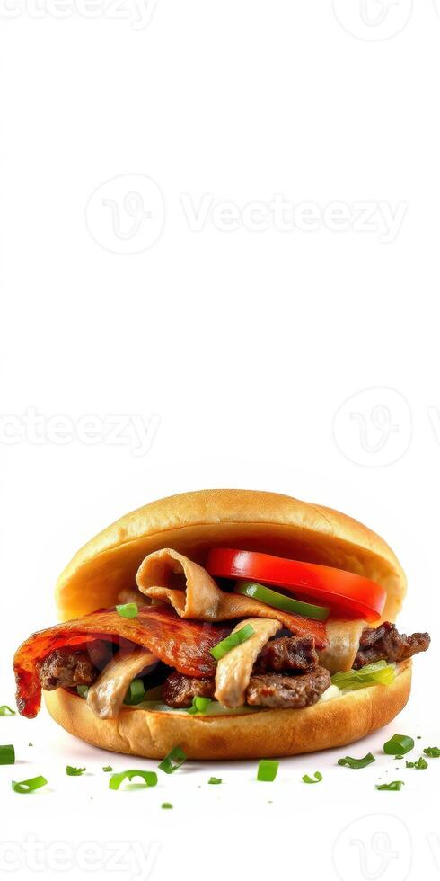 Savory sandwich with seasoned meat, fresh vegetables, and soft bread on a white background photo