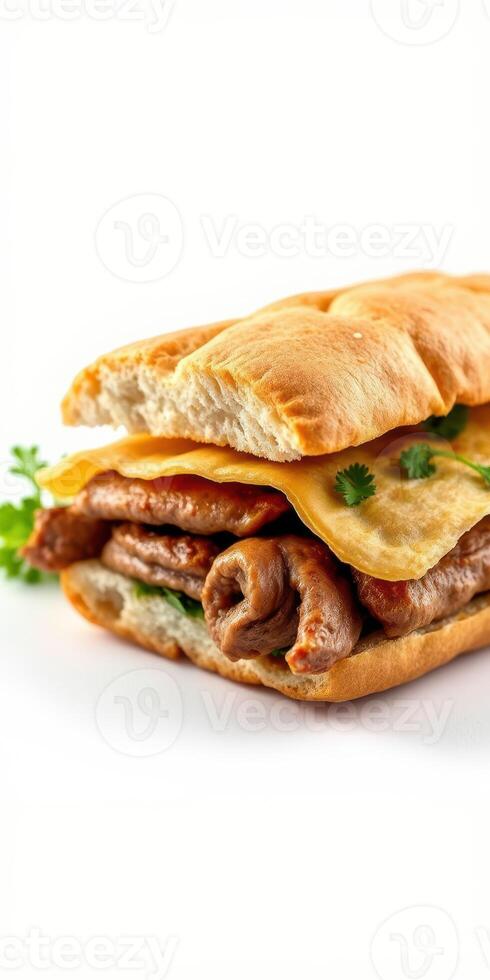 Delicious sandwich with grilled meat and cheese on a soft bun featuring fresh herbs photo