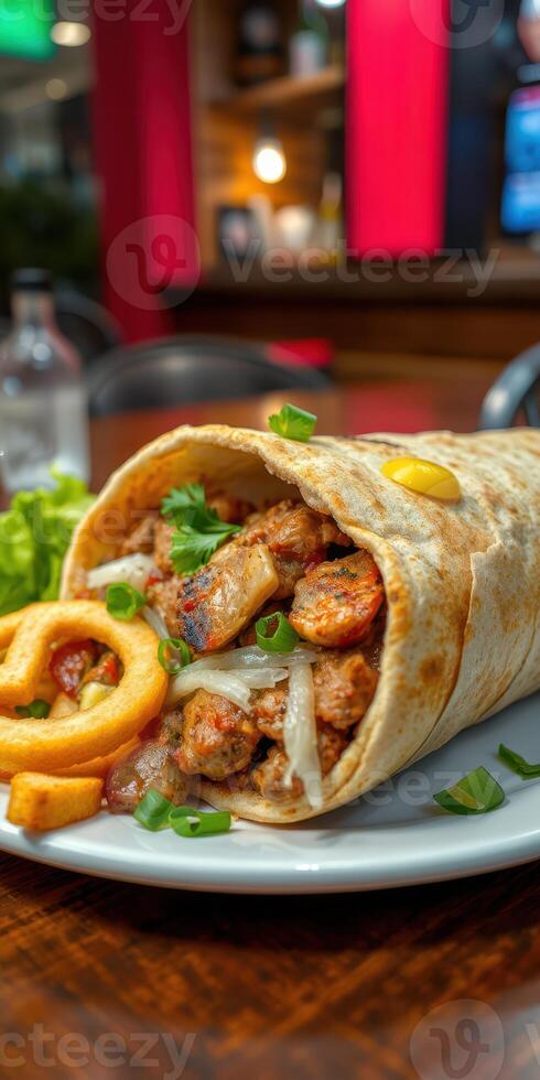 Delicious burrito with grilled chicken, onions, and fresh toppings served on a plate with circular fries photo