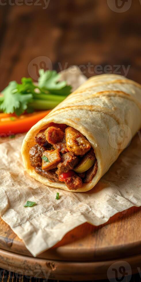 Savory chicken wrap with vegetables presented on wooden board in a rustic setting photo