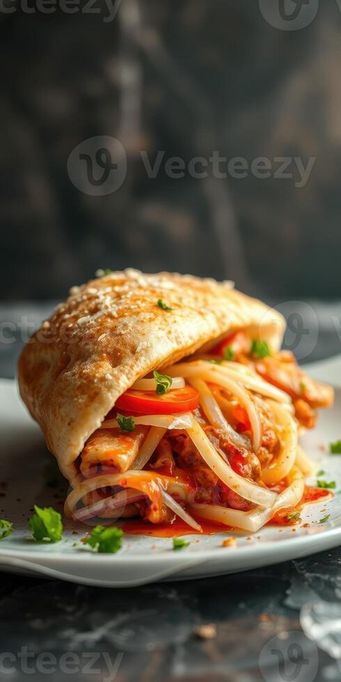 Savory flatbread filled with marinated chicken and fresh vegetables on a plate photo
