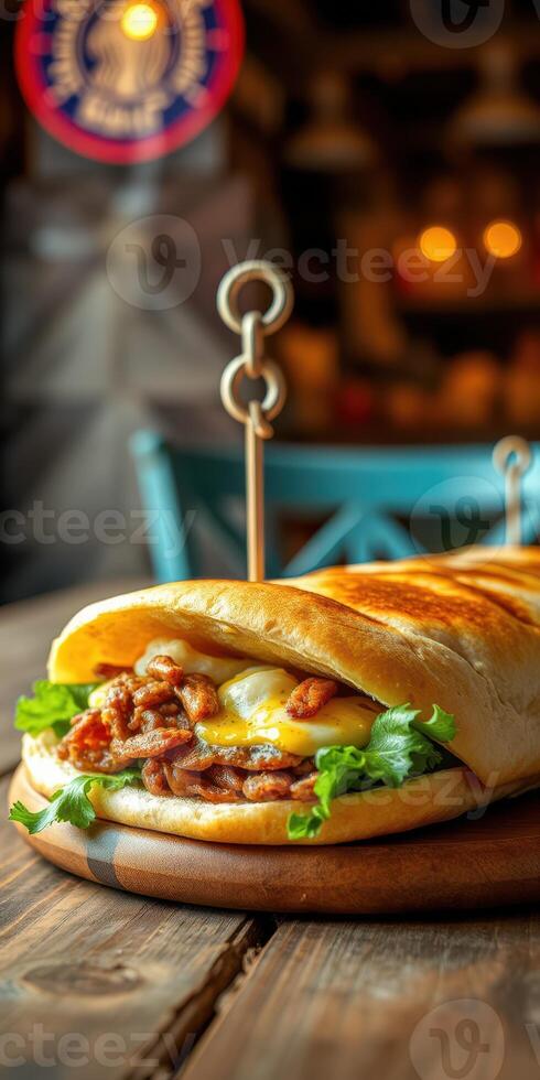 Savory sandwich with grilled chicken, melted cheese, and fresh lettuce served on a rustic wooden table photo