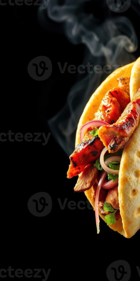 Delicious grilled meat wrapped in warm flatbread with fresh toppings and aromatic smoke rising in the background photo