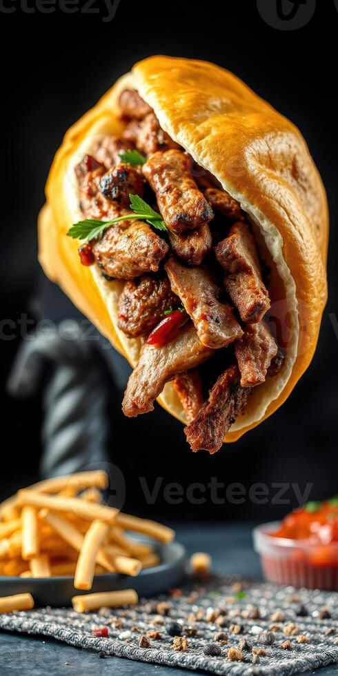 Delicious grilled meat wrapped in soft bread served with crispy fries at a restaurant during dinner time photo