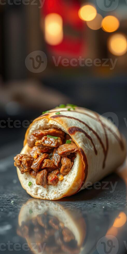 Delicious wrap filled with succulent grilled meat and flavorful sauce on a rustic table photo