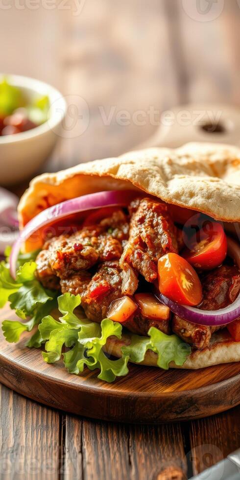 Delicious pita filled with tender meat, fresh vegetables, and vibrant sauces, served on a wooden table photo