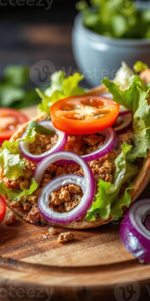Freshly prepared taco with ground meat, onions, and tomatoes served on a wooden platter photo