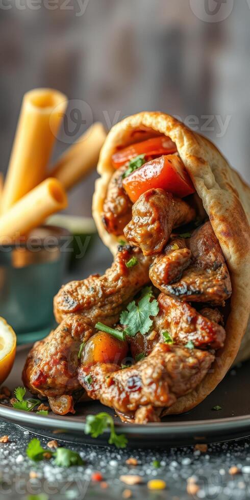 Delicious pita filled with grilled meat, fresh vegetables, and sauces served with crispy fries photo