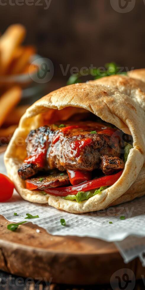 Delicious wrap filled with grilled meat, fresh vegetables, and sauces served with crispy fries on a wooden table photo