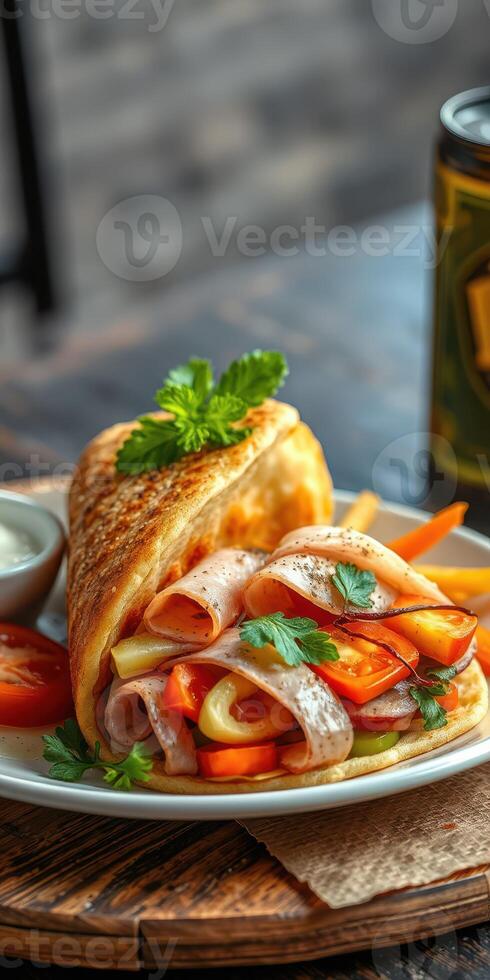 Delicious wrap filled with vegetables and slices of turkey served with dipping sauce and fries at a cozy cafe photo