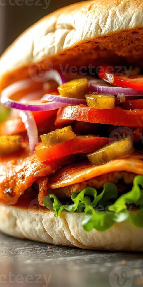 Juicy grilled chicken sandwich loaded with fresh vegetables and toppings ready to be enjoyed photo