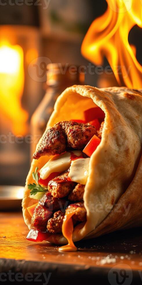 Delicious wrap filled with grilled meat and fresh vegetables against a warm background photo