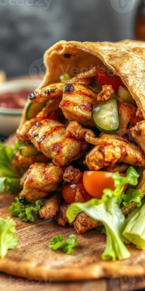 Grilled chicken wrap with fresh vegetables served on a wooden board in a cozy setting photo