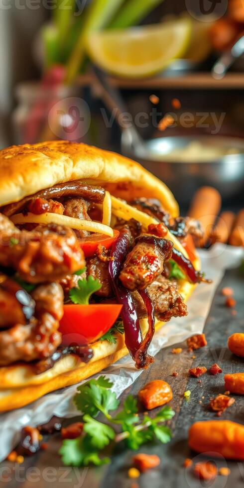 Delicious sandwich filled with grilled meat, vegetables, and sauces served on a wooden table photo