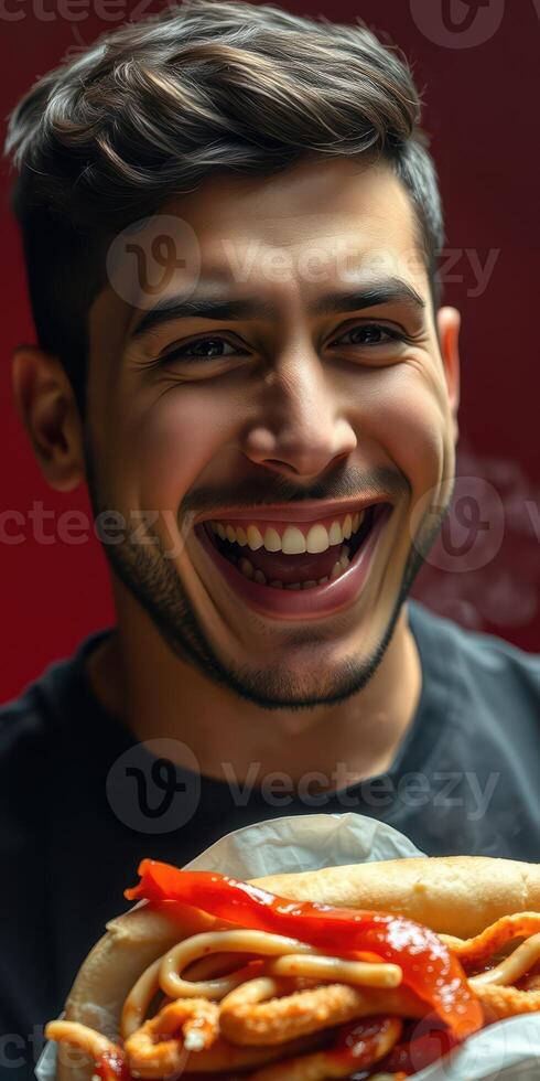 Smiling man enjoys delicious street food in a vibrant setting while holding a tasty sandwich photo