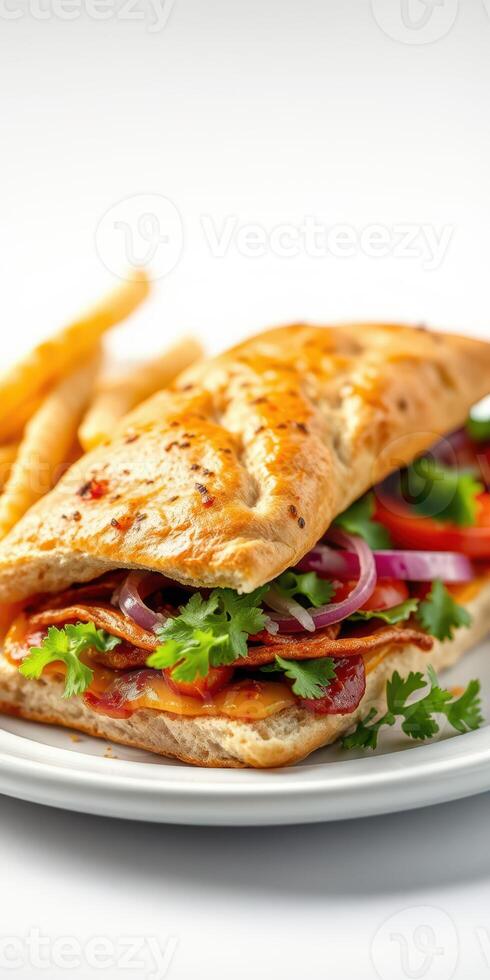 Delicious sandwich filled with fresh ingredients served on a white plate with crispy fries on the side photo