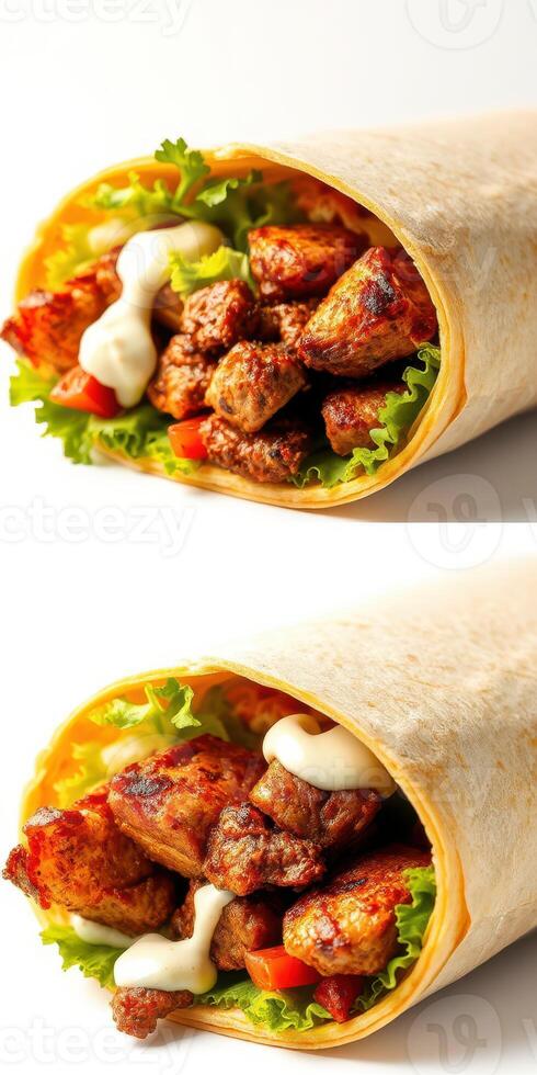 Delicious chicken wrap filled with fresh vegetables and creamy sauce ready to be enjoyed photo