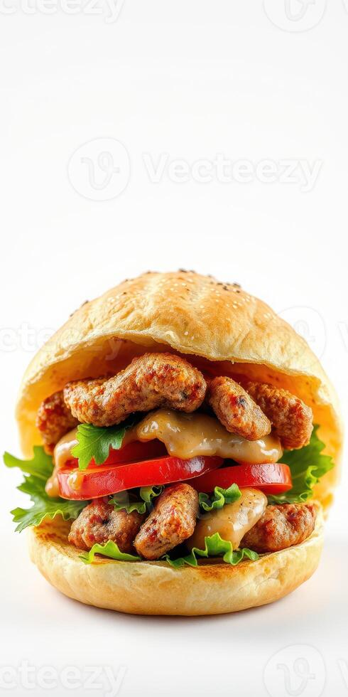 Juicy chicken sandwich layered with fresh vegetables and creamy sauce ready to be enjoyed photo