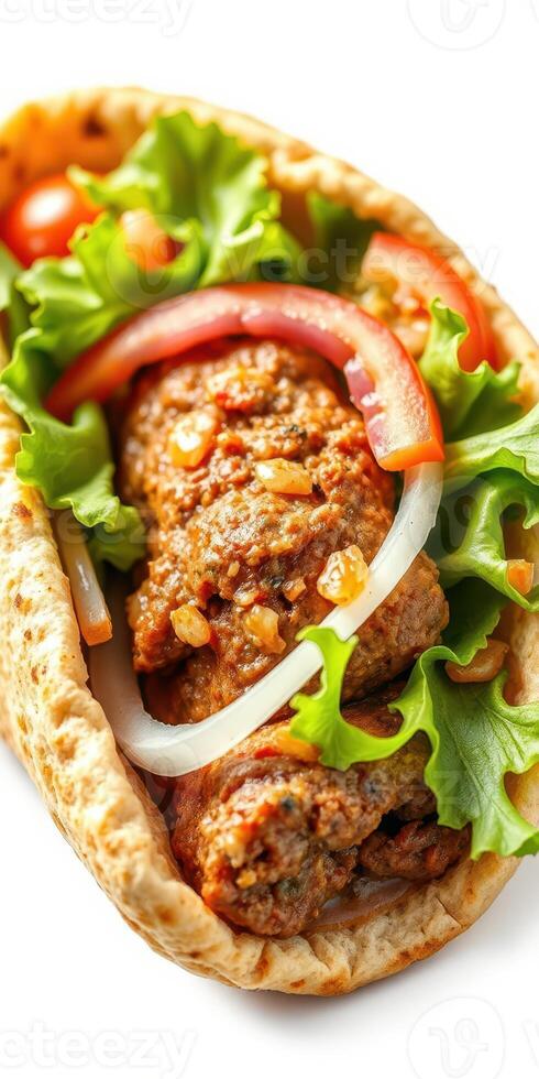 Tasty wrap with seasoned meat, fresh vegetables, and soft bread served on a wooden table photo