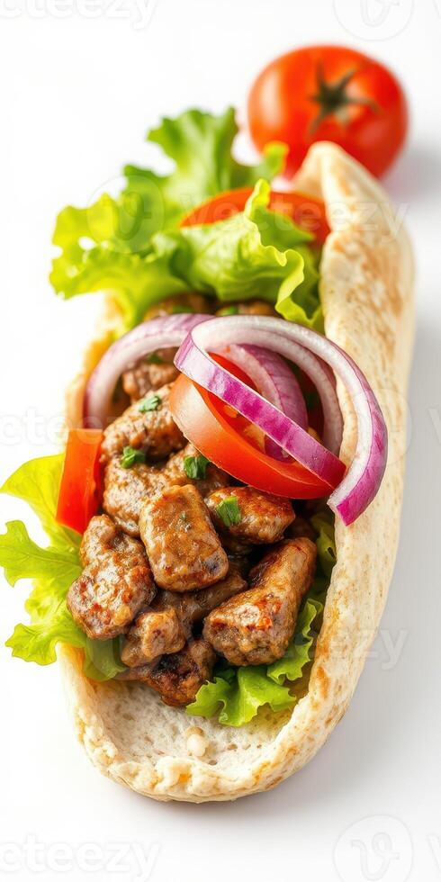 Delicious pita filled with seasoned meat, fresh vegetables, and vibrant condiments for a satisfying meal experience photo