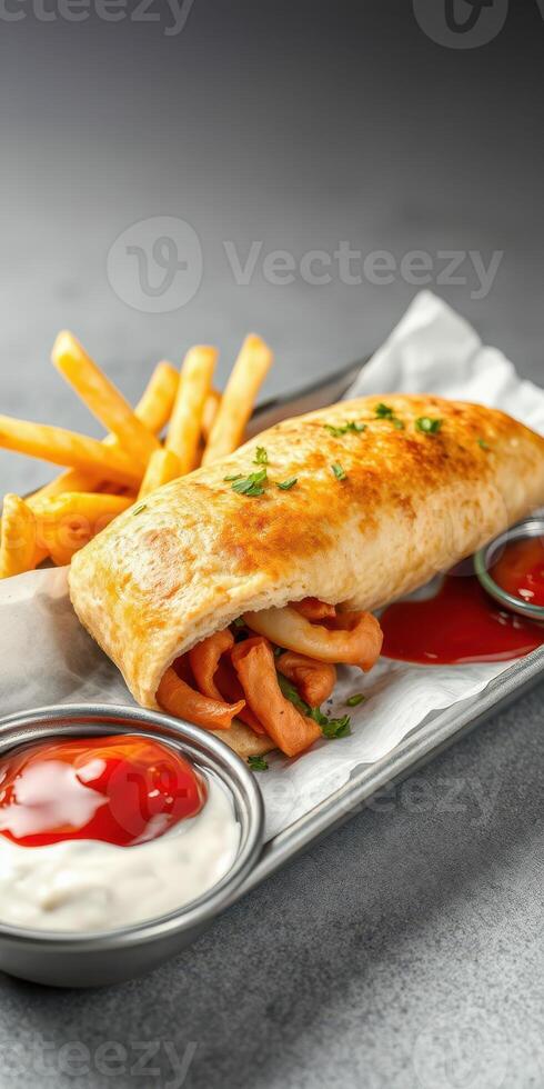 Delicious chicken wrap served with crispy fries and dipping sauces in a modern restaurant setting photo