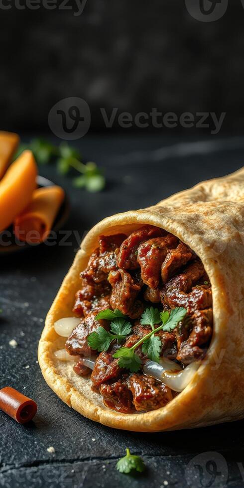 Delicious beef burrito wrapped in a flour tortilla with fresh ingredients on a dark background photo