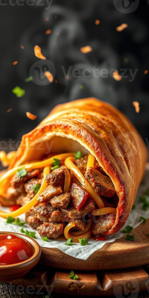 Savory wrapped dish featuring tender meat and noodles surrounded by flaky bread on a wooden board photo
