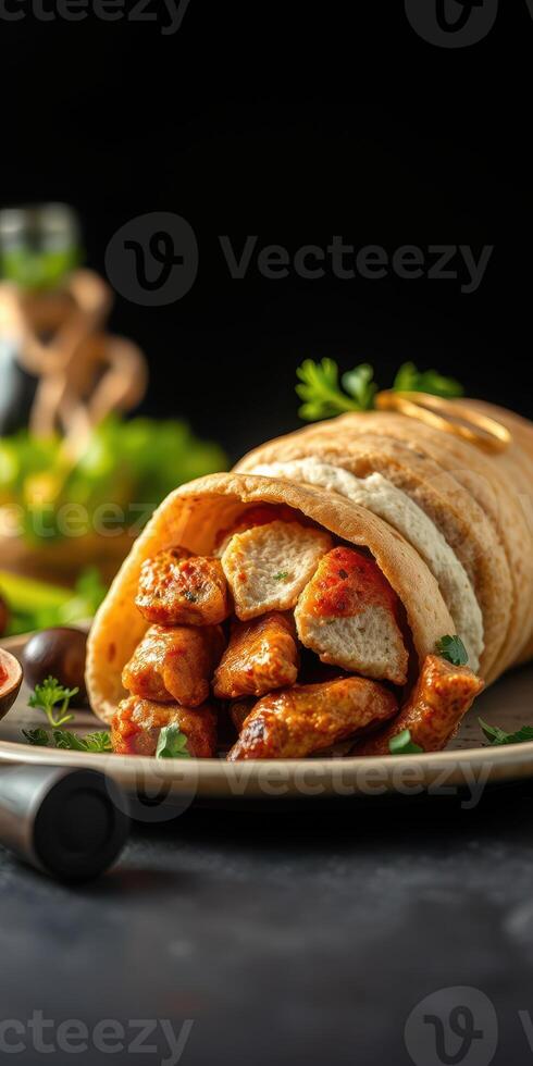Savory chicken wrap with fresh herbs and spices served on a dark background photo