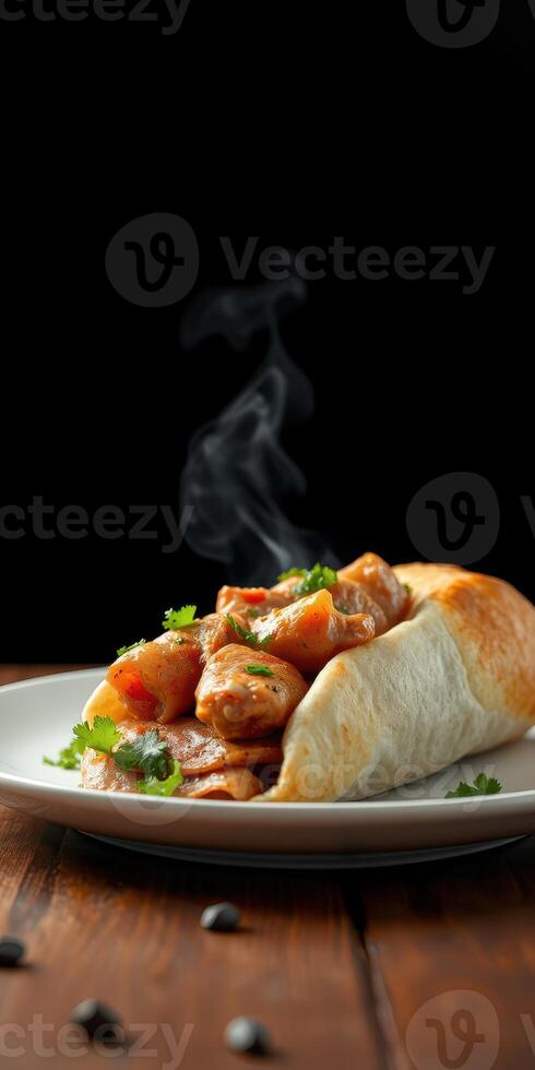 Delicious warm wrap filled with savory chicken and vegetables served on a plate photo