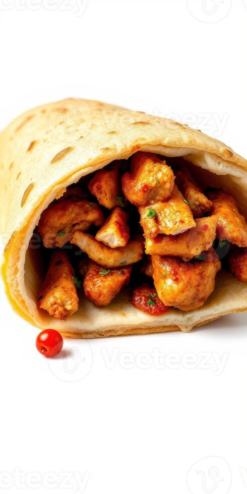 Tasty chicken wrap filled with grilled chicken and spicy sauce ready to enjoy photo