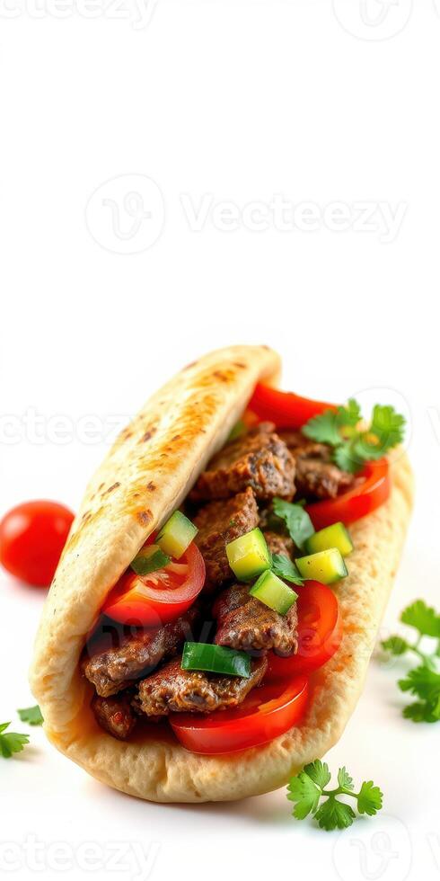 Delicious flatbread stuffed with grilled meat, fresh vegetables, and herbs on a white background photo