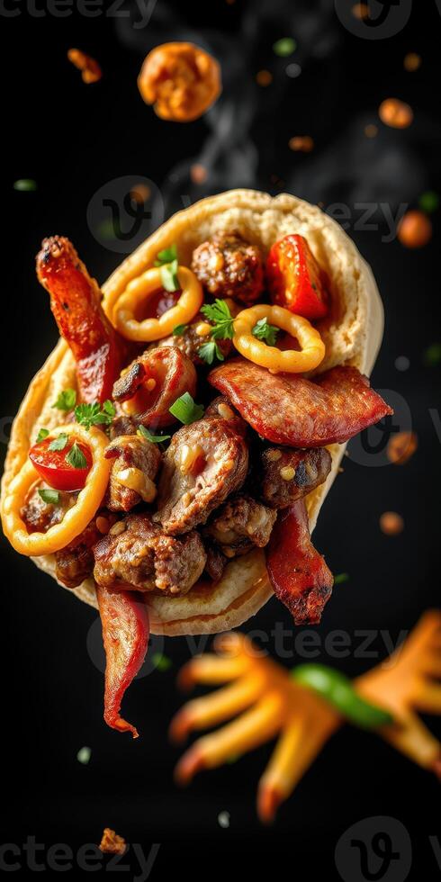 Delicious grilled meat and vegetables in a flatbread wrap served with savory toppings and garnished with herbs photo